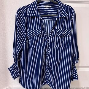 Notations Navy Blue and White Striped Button Down Shirt